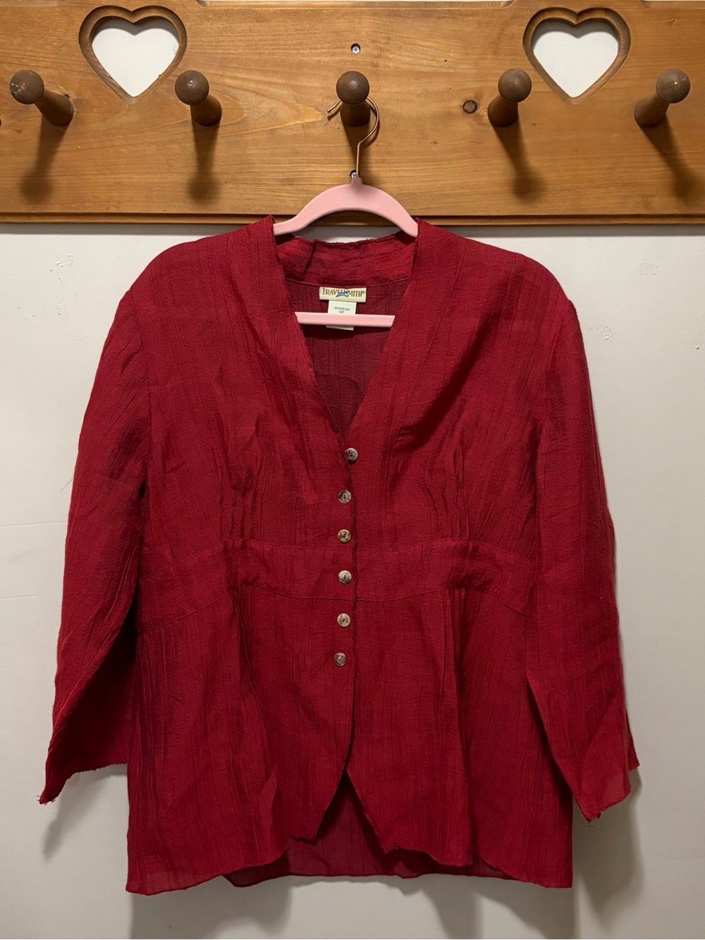 TravelSmith Red Textured Button Front Jacket Top MP Petite